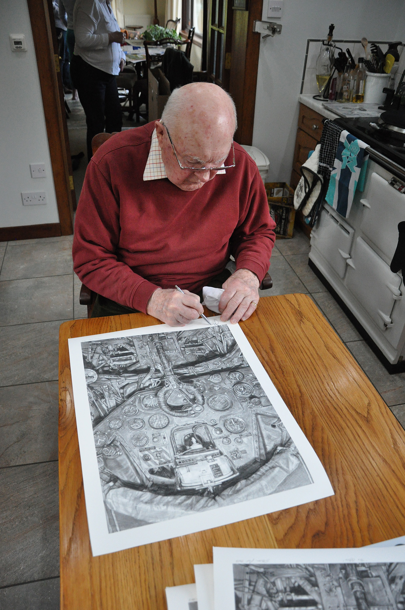 Lt Cdr John Moffat signing Stevens drawing The Office, Swordfish cockpit