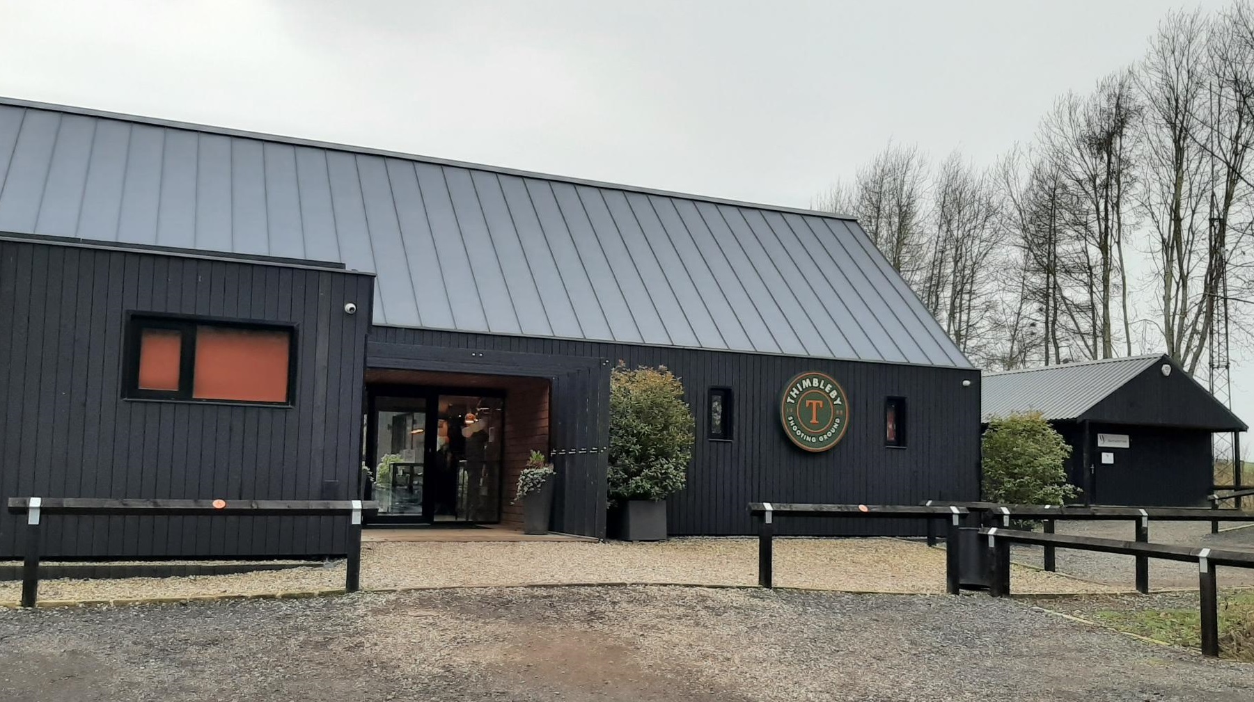 The clubhouse at Thimbleby Shooting Ground includes a cafe and shop selling clay shooting accessories